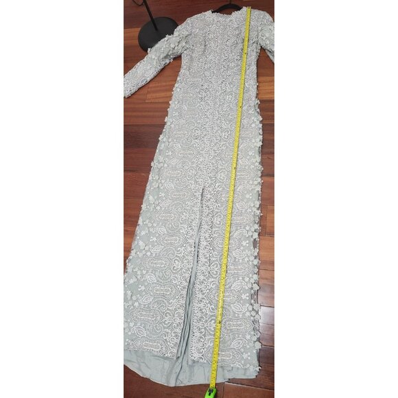 Gemy Maalouf Lace Evening Gown Light Grey Embroidered Long Sleeve Slit Front 12 - Picture 14 of 16